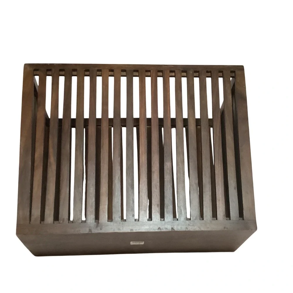 Mid Century Modern Slatted Wood Magazine Holder Floor Rack Dark Brown Heavy